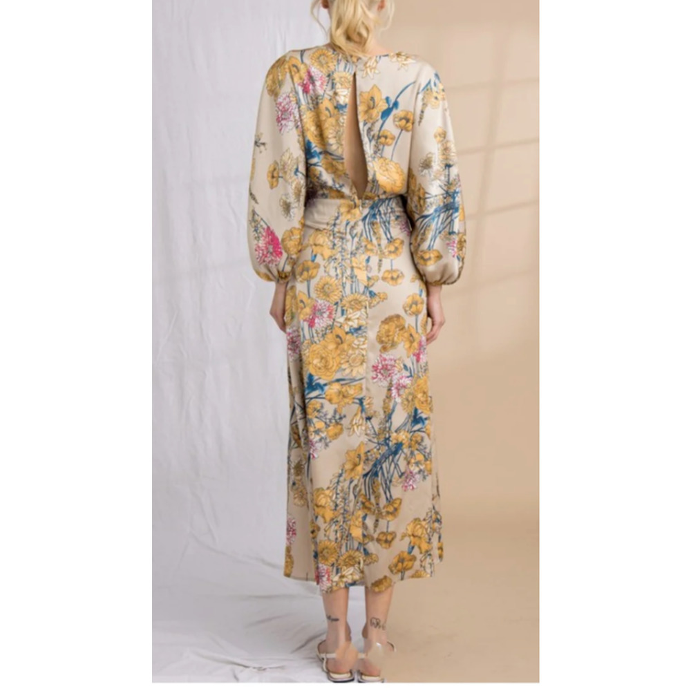 Lena - Georgous Satin Colorful Floral cut out dress midi women's size small - Picture 2 of 8
